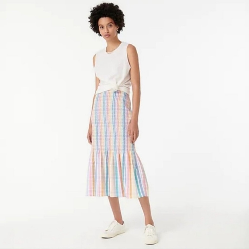 J crew Smocked Rainbow Gingham Midi Skirt